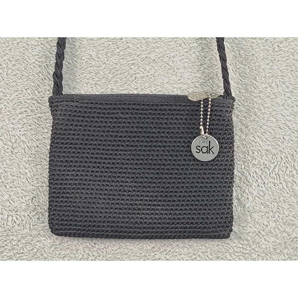 The Sak Black Crochet Crossbody Bag Small Woven Zippered Purse Braided Strap